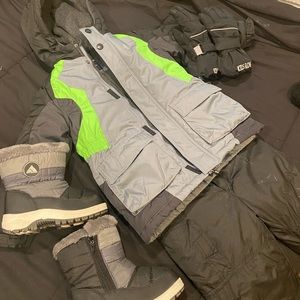 boys snow outfit (jackets, pants, hat & shoes)
